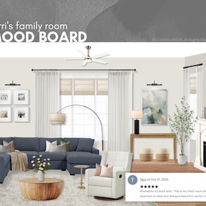 K&ouml;nnte beinhalten: Ein digitales Interior-Design-Moodboard mit dem Titel Terri's family room MOOD BOARD, das ein marineblaues Ecksofa, einen wei&szlig;en Liegesessel, einen runden Couchtisch aus Holz, eine Stehlampe, einen Konsolentisch, einen Kamin und diverse Wohnaccessoires zeigt.