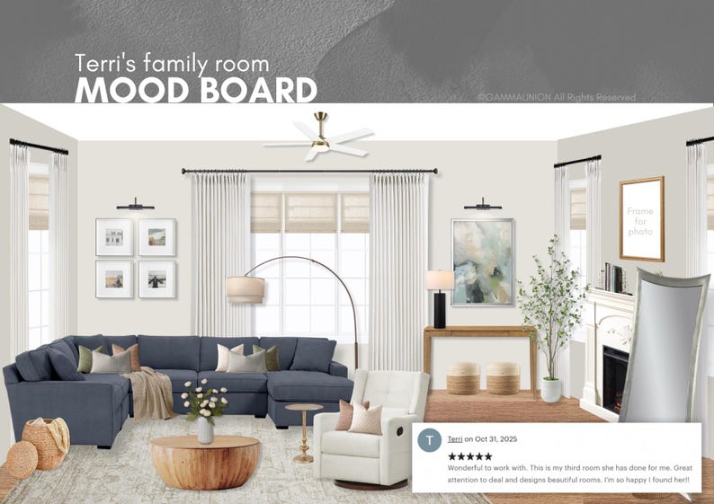 K&ouml;nnte beinhalten: Ein digitales Interior-Design-Moodboard mit dem Titel Terri's family room MOOD BOARD, das ein marineblaues Ecksofa, einen wei&szlig;en Liegesessel, einen runden Couchtisch aus Holz, eine Stehlampe, einen Konsolentisch, einen Kamin und diverse Wohnaccessoires zeigt.