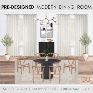 Paquete de comedor prediseñado, diseño de comedor moderno, comedor neutro, diseño de interiores en línea, tablero de inspiración, servicio de diseño virtual, diseño electrónico