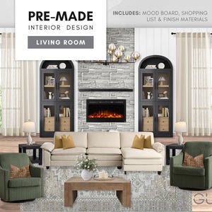 Sala de estar prediseñada: Diseño de interiores de estilo rústico moderno: tablero de inspiración estética, lista de compras seleccionada y materiales de acabado económicos