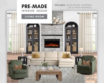 May include: A pre-made interior design concept for a living room. The design includes a sectional sofa, two armchairs, a coffee table, and two black cabinets. The room features a fireplace, a rug, and decorative elements. The text includes "PRE-MADE INTERIOR DESIGN LIVING ROOM".