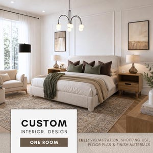 May include: A bedroom interior featuring a large bed with decorative pillows and a green throw blanket. The room includes a chair, side tables with lamps, and artwork. The image includes the text "CUSTOM INTERIOR DESIGN ONE ROOM".