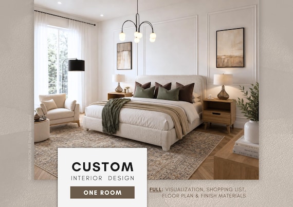 CUSTOM Interior Design - ONE ROOM - Full Package: Mood Board, Shopping List, Floor Plan, Paint Color & Finish Materials Selection