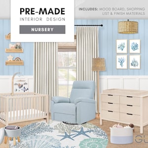 Habitación infantil azul prediseñada: Diseño interior costero moderno: tablero de inspiración playero, lista de compras seleccionada y materiales de acabado económicos.