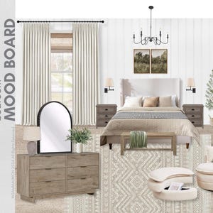 May include: A bedroom mood board featuring a bed with neutral bedding, a wooden dresser with an arched mirror, a floor mirror, a round armchair with a green pillow, a patterned area rug, two nightstands, wall sconces, and a chandelier.