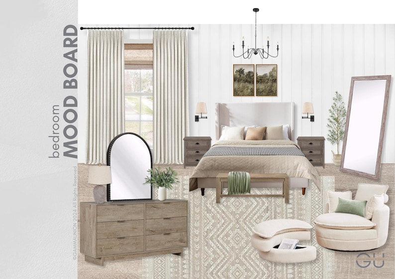 May include: A bedroom mood board featuring a bed with neutral bedding, a wooden dresser with an arched mirror, a floor mirror, a round armchair with a green pillow, a patterned area rug, two nightstands, wall sconces, and a chandelier.