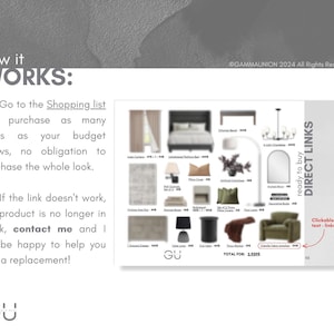 K&ouml;nnte beinhalten: Eine Anleitungsgrafik mit dem Titel how it WORKS, die eine nummerierte Liste von Schritten zum Kauf von Artikeln aus einer Einkaufsliste enth&auml;lt. Das Bild zeigt eine Collage aus M&ouml;beln und Wohnaccessoires mit Direktlinks und einem Gesamtpreis von 2.928$.