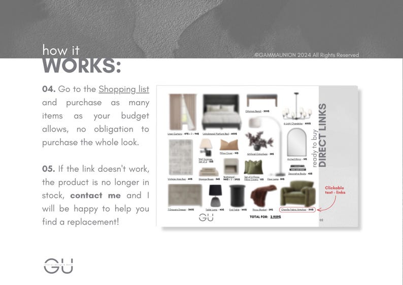 K&ouml;nnte beinhalten: Eine Anleitungsgrafik mit dem Titel how it WORKS, die eine nummerierte Liste von Schritten zum Kauf von Artikeln aus einer Einkaufsliste enth&auml;lt. Das Bild zeigt eine Collage aus M&ouml;beln und Wohnaccessoires mit Direktlinks und einem Gesamtpreis von 2.928$.