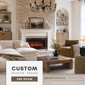 May include: A living room interior featuring a white sectional sofa, two brown armchairs, a wooden coffee table, and a fireplace with a stone surround. A black chandelier hangs above, and built-in shelves flank the fireplace. Text reads: CUSTOM INTERIOR DESIGN ONE ROOM. MEDIUM PACKAGE: VISUALIZATION, SHOPPING LIST & FLOOR PLAN.