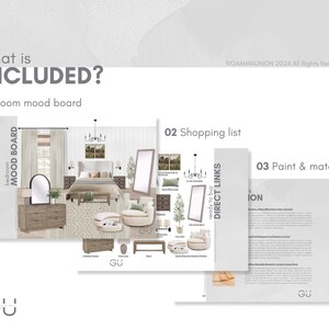 May include: A digital interior design package titled what is INCLUDED? featuring three sections: 01 Room mood board showing a bedroom layout with furniture, 02 Shopping list with direct links to items, and 03 Paint & materials with detailed text.
