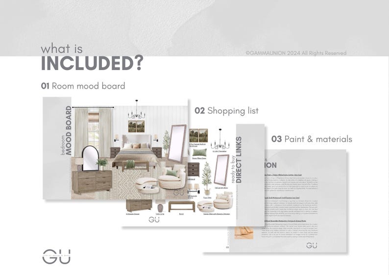 May include: A digital interior design package titled what is INCLUDED? featuring three sections: 01 Room mood board showing a bedroom layout with furniture, 02 Shopping list with direct links to items, and 03 Paint & materials with detailed text.