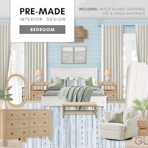 Dormitorio costero prediseñado: Diseño de interiores playero moderno e informal: tablero de inspiración estética, lista de compras seleccionada y materiales de acabado asequibles.
