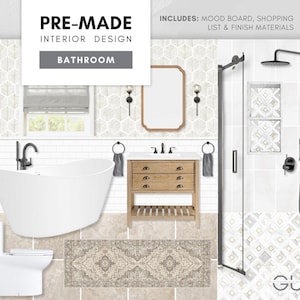 Baño rústico prefabricado: diseño de interiores de estilo rústico moderno: tablero de inspiración estética, lista de compras seleccionada y materiales de acabado asequibles