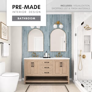 May include: A pre-made bathroom interior design concept. The image showcases a light wood vanity with a white countertop, gold fixtures, and arched mirrors. The shower has a glass door and a black and white tiled floor. The text includes "PRE-MADE INTERIOR DESIGN BATHROOM".