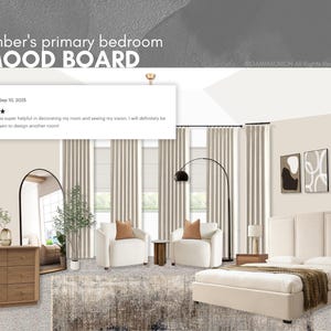 K&ouml;nnte beinhalten: Ein digitales Moodboard mit dem Titel Amber's primary bedroom MOOD BOARD, das ein Schlafzimmer-Designkonzept mit einer Kommode aus hellem Holz, einem Bogenspiegel, zwei wei&szlig;en Sesseln, einem Bett mit beigem Kopfteil und Wandkunst zeigt.