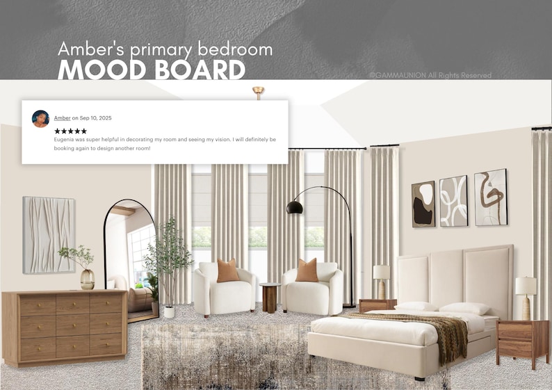K&ouml;nnte beinhalten: Ein digitales Moodboard mit dem Titel Amber's primary bedroom MOOD BOARD, das ein Schlafzimmer-Designkonzept mit einer Kommode aus hellem Holz, einem Bogenspiegel, zwei wei&szlig;en Sesseln, einem Bett mit beigem Kopfteil und Wandkunst zeigt.
