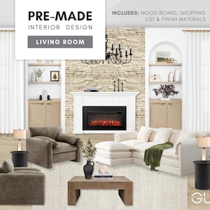 Sala de estar prediseñada: Diseño de interiores de estilo cabaña moderna: tablero de inspiración estética, lista de compras seleccionada y materiales de acabado asequibles