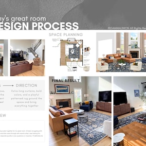 K&ouml;nnte beinhalten: Ein Design-Prozess-Board mit dem Titel Amy's great room DESIGN PROCESS, das Vorher-Nachher-Fotos eines Wohnzimmers, einen Grundriss, eine Zusammenfassung von Problem und Richtung sowie eine Kundenbewertung mit f&uuml;nf Sternen zeigt.