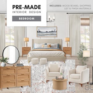 Dormitorio principal prediseñado: Diseño interior moderno y neutro: tablero de inspiración estética, lista de compras seleccionada y materiales de acabado económicos