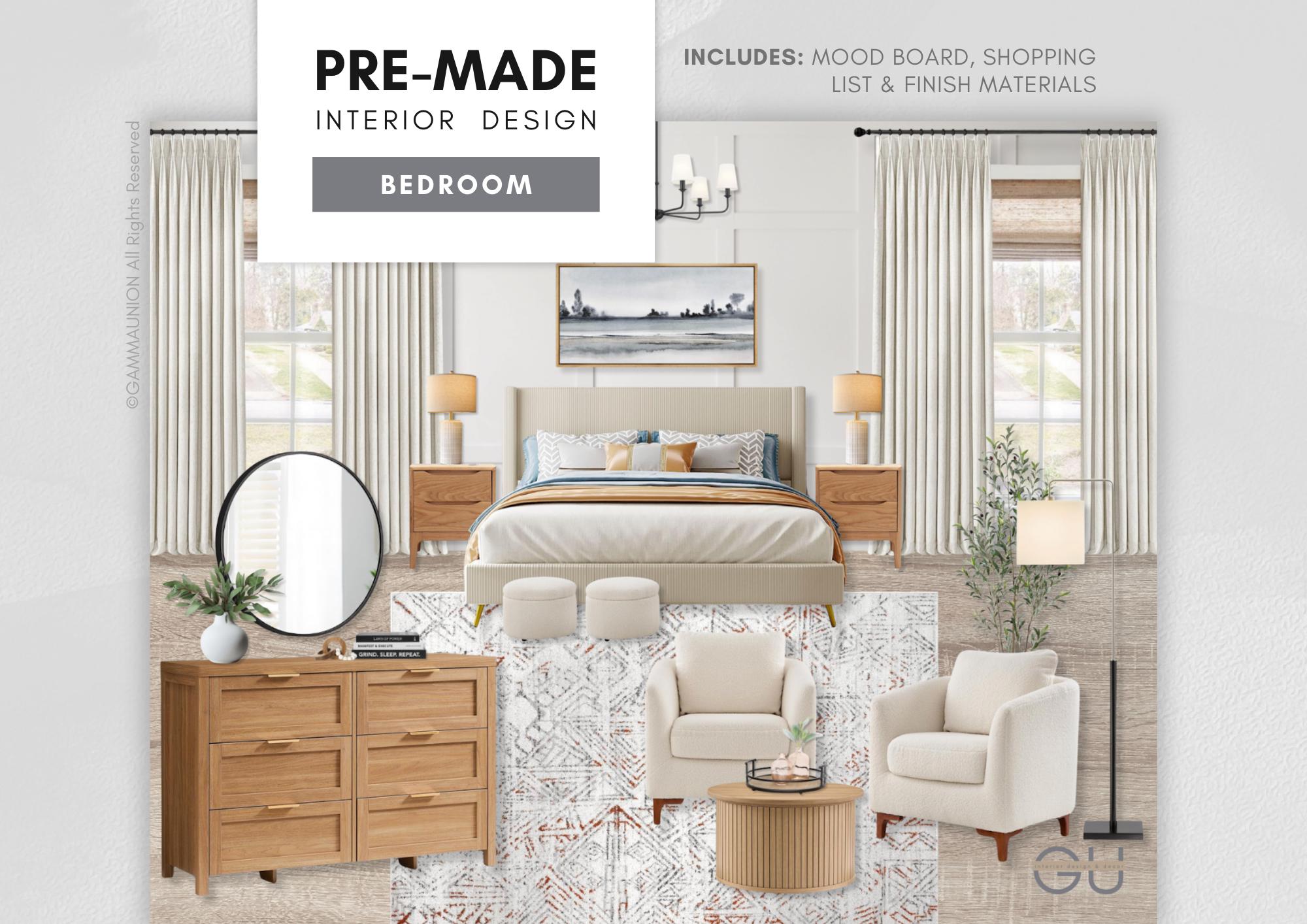 Pre-made Master Bedroom: Modern Neutral Interior Design - Aesthetic Mood Board, Curated Shopping List & Budget-friendly Finish Materials