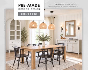May include: A pre-made interior design dining room plan featuring a light wood dining table, six black spindle chairs, three woven pendant lights, a white arched cabinet, a white sideboard, a rectangular mirror, and a patterned area rug.