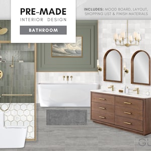 Pre-designed Transitional Bathroom: Modern Classic Interior Design -  Mood Board, Furniture Layout, Shopping List and Paint & Materials