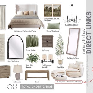 May include: A digital mood board featuring home decor items including an upholstered bed, curtains, area rug, arch mirror, dresser, table lamp, bench, chandelier, wall art, throw pillow, blanket, nightstand, wall sconces, faux olive tree, and swivel chair.
