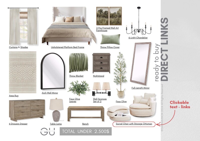 May include: A digital mood board featuring home decor items including an upholstered bed, curtains, area rug, arch mirror, dresser, table lamp, bench, chandelier, wall art, throw pillow, blanket, nightstand, wall sconces, faux olive tree, and swivel chair.