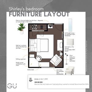K&ouml;nnte beinhalten: Ein Schlafzimmer-M&ouml;bellayout-Diagramm mit dem Text &bdquo;Shirleys Schlafzimmer M&Ouml;BELAUSSTATTUNG&ldquo;. Das Diagramm zeigt ein Bett, eine Kommode, einen Stuhl, einen Schreibtisch und andere M&ouml;bel. Eine Kundenrezension ist ebenfalls enthalten.