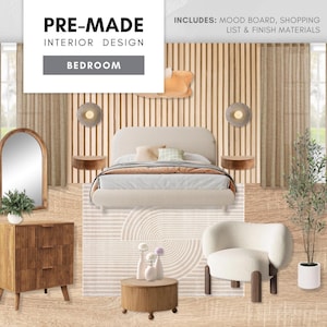 Dormitorio japonés prediseñado: paquete de diseño de interiores escandinavo con tablero de inspiración estética, lista de compras seleccionada y materiales de acabado económicos.