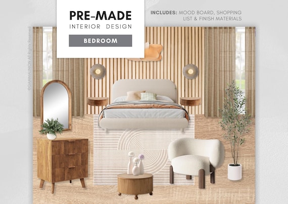 Pre-made Japandi Bedroom: Mood Board, Shopping List with Paint & Finish Materials Selections - Modern Interior Design