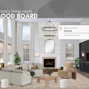 K&ouml;nnte beinhalten: Ein digitales Moodboard mit dem Titel Leticia's living room MOOD BOARD, das ein beiges Ecksofa, einen beigen Liegesessel, einen Couchtisch aus Holz, einen Kamin mit Steinverkleidung, einen schwarzen Kronleuchter und ein schwarzes TV-M&ouml;bel zeigt.
