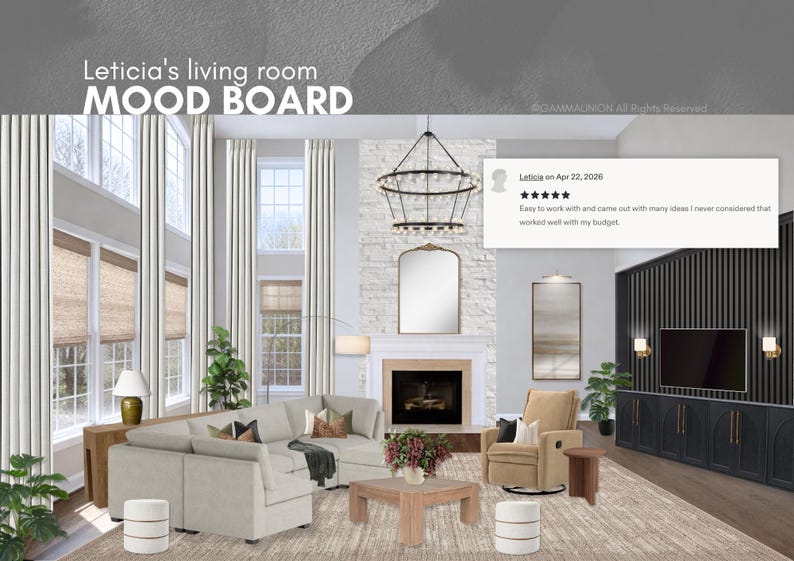 K&ouml;nnte beinhalten: Ein digitales Moodboard mit dem Titel Leticia's living room MOOD BOARD, das ein beiges Ecksofa, einen beigen Liegesessel, einen Couchtisch aus Holz, einen Kamin mit Steinverkleidung, einen schwarzen Kronleuchter und ein schwarzes TV-M&ouml;bel zeigt.