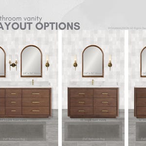May include: Bathroom vanity layout options. The image shows three bathroom vanity designs with mirrors, lighting, and cabinetry. The text indicates the mirror size is 24" x 36". The vanities are brown with gold hardware.