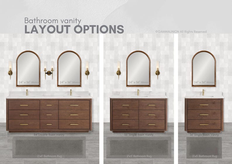 May include: Bathroom vanity layout options. The image shows three bathroom vanity designs with mirrors, lighting, and cabinetry. The text indicates the mirror size is 24" x 36". The vanities are brown with gold hardware.