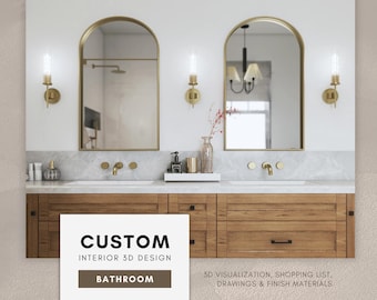 CUSTOM Bathroom Interior Design: 3D Visualization, Shopping List & Finish Materials, Floor Plan with Walls Elevations Drawings (EXTENDED)