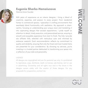 May include: A business card-style graphic with the text "WELCOME" and the name "Eugenia Sharko-Hamaiunova." A headshot of a woman is in the upper left corner. The text describes interior design services.
