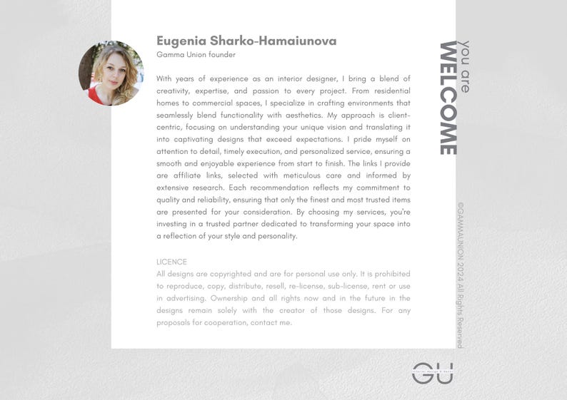 May include: A business card-style graphic with the text "WELCOME" and the name "Eugenia Sharko-Hamaiunova." A headshot of a woman is in the upper left corner. The text describes interior design services.