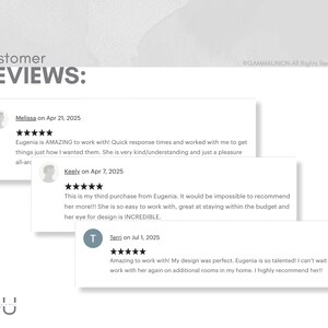 May include: Image featuring customer reviews with five-star ratings. The reviews are from Melissa, Keely, and Terri, praising Eugenia's work. The text includes phrases like "AMAZING to work with" and "INCREDIBLE" design.