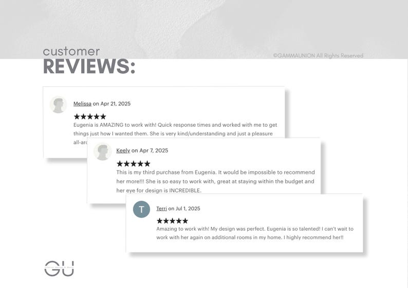 May include: Image featuring customer reviews with five-star ratings. The reviews are from Melissa, Keely, and Terri, praising Eugenia's work. The text includes phrases like "AMAZING to work with" and "INCREDIBLE" design.