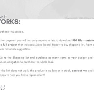 May include: White background with the text "how it WORKS:" followed by numbered steps. The steps describe a service involving a PDF file with a mood board, shopping list, and finish suggestions. The GU logo is at the bottom.