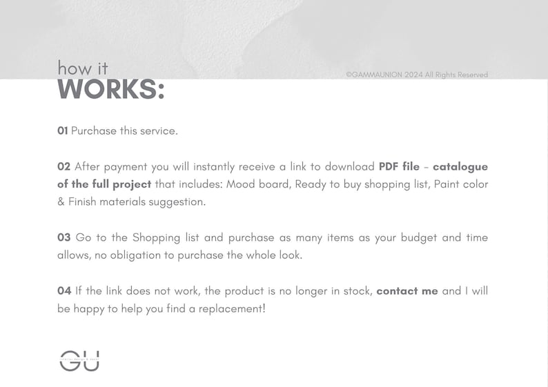 May include: White background with the text "how it WORKS:" followed by numbered steps. The steps describe a service involving a PDF file with a mood board, shopping list, and finish suggestions. The GU logo is at the bottom.