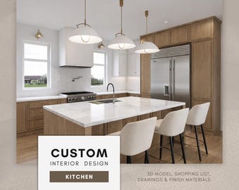 CUSTOM Interior Design - KITCHEN: 3D Visualization Renders, Shopping List & Finish Materials, Floor Plan with Detailed Cabinetry Drawings