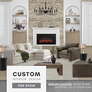 Peut inclure: Concept d'aménagement intérieur avec un canapé sectionnel blanc, un fauteuil marron et une cheminée. L'image comprend le texte "CUSTOM INTERIOR DESIGN" et "ONE ROOM". La pièce est décorée avec un lustre et des tables d'appoint.