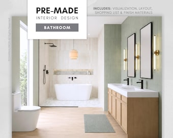 Pre-made Sage Bathroom: Minimalist Interior Design - Mood Board, Shopping List & Paint with Finish Materials