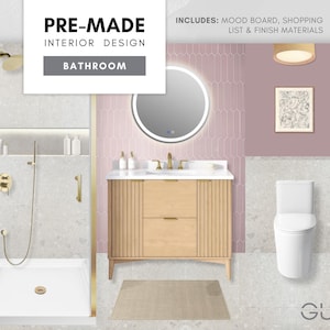 Baño rosa empolvado prefabricado: Diseño de interiores contemporáneo: tablero de inspiración estética, lista de compras seleccionada y materiales de acabado económicos.