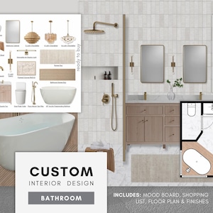 Interieurontwerp OP MAAT - BADKAMER - moodboard, boodschappenlijstje, plattegrond en verf- en afwerkingsmaterialen - visualisatieservice voor virtueel huis