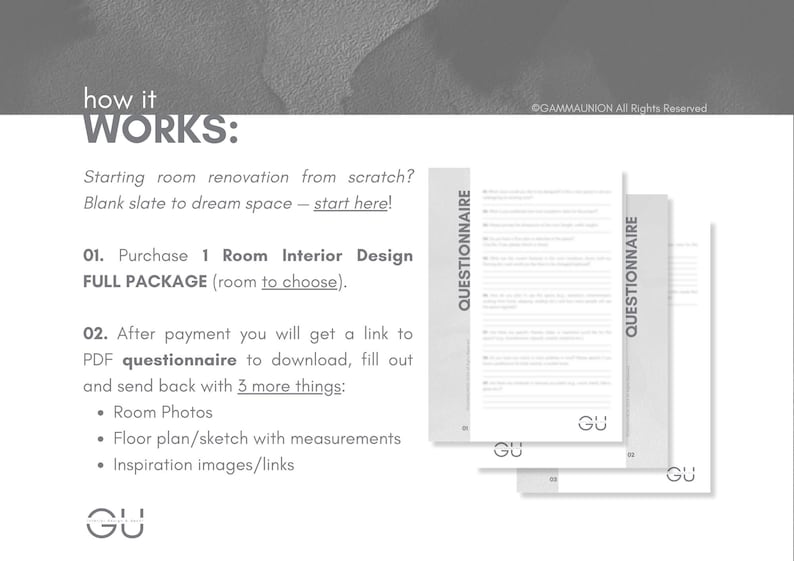 K&ouml;nnte beinhalten: Eine wei&szlig;e Informationsgrafik mit der &Uuml;berschrift how it WORKS: und schwarzem Text, der einen Innenarchitekturprozess beschreibt. Sie listet Schritte wie den Kauf eines Pakets und das Ausf&uuml;llen eines PDF-Fragebogens auf. Drei Frageb&ouml;gen sind gestapelt.