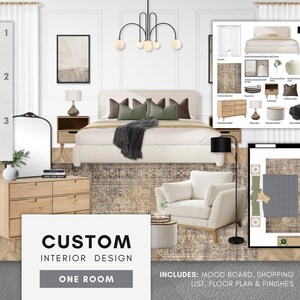 Interieurontwerp OP MAAT - ÉÉN KAMER - moodboard, boodschappenlijstje, plattegrond, verf en afwerkingen - stylingservice voor virtueel huis