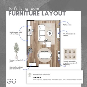 K&ouml;nnte beinhalten: Draufsicht auf einen Wohnzimmer-Grundriss mit beschrifteten M&ouml;beln. Der Grundriss umfasst einen Schreibtisch, ein Sofa, einen Esstisch und einen TV-Schrank. Zus&auml;tzliche Elemente sind Wandleuchten, eine Topfpflanze und eine Konsole mit Tischlampe und Wandkunst. Ma&szlig;e in cm.